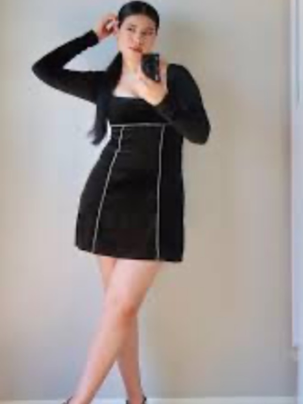 Black Velvet Long-Sleeve Dress with Rhinestone Trim - Picture 2 of 3